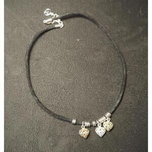 Mixed Metal Heart Charm Necklace - Black Suede Cord Choker